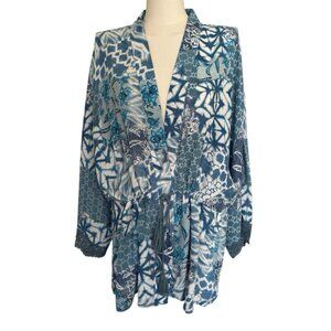 Flint & Moss Blue Floral 3/4-Sleeve Layering Piece Cover Up Women's Sz L